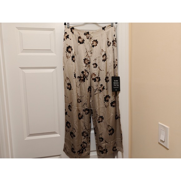 Lulus Pants - Lulus Women Large Tan Floral Satin Wide Leg High Rise Trousers New